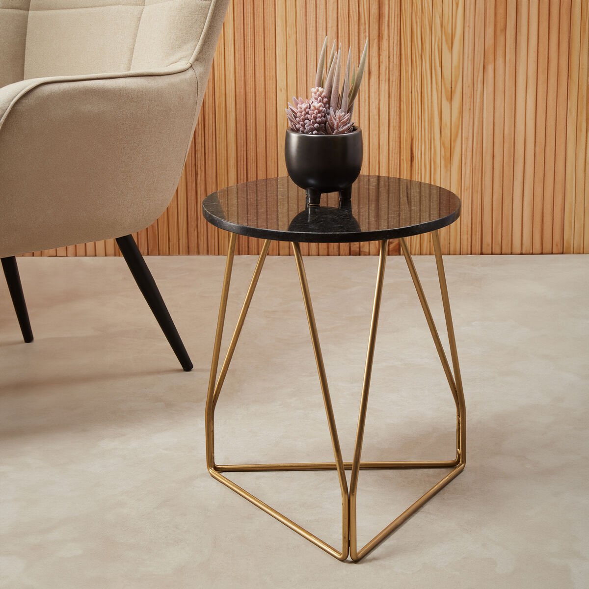 Black Marble Top Side Table with Gold Finish Geometric Sledge Base | Corra
