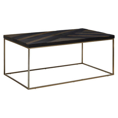 Black and Gold Striped Acacia Wood Coffee Table with Interconnected Metal Legs | Aris
