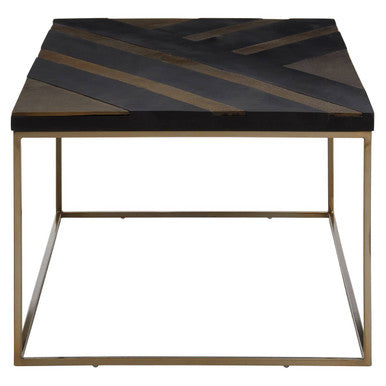 Black and Gold Striped Acacia Wood Coffee Table with Interconnected Metal Legs | Aris