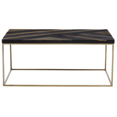 Black and Gold Striped Acacia Wood Coffee Table with Interconnected Metal Legs | Aris