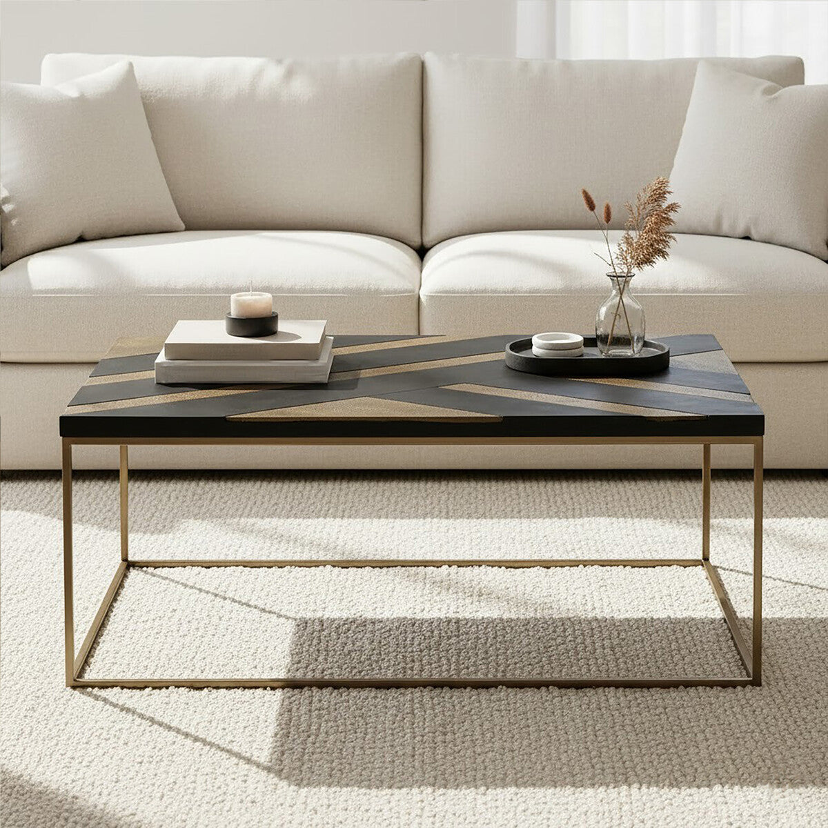 Black and Gold Striped Acacia Wood Coffee Table with Interconnected Metal Legs | Aris