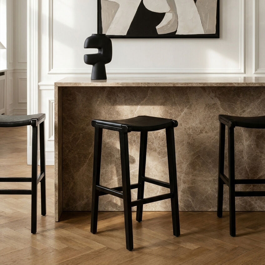 Black Leather and Teak Barstool | Kendari