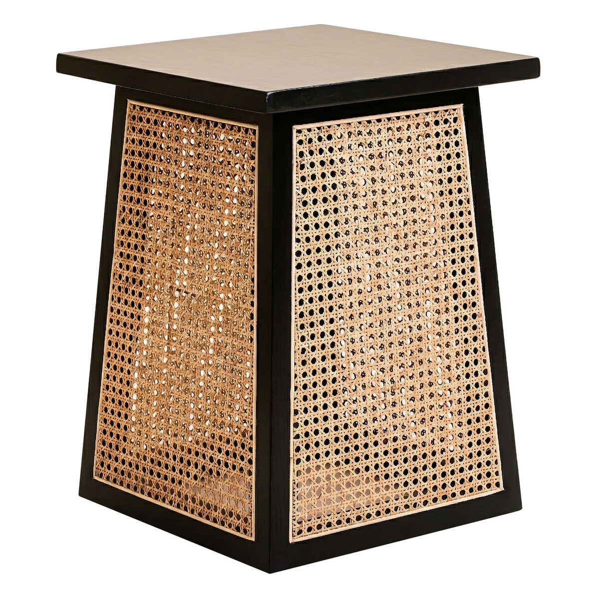 Black Elm Wood Side Table with Woven Natural Cane Panels | Cebu