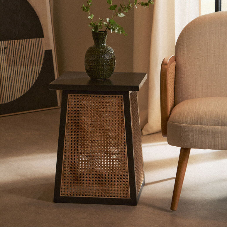 Black Elm Wood Side Table with Woven Natural Cane Panels | Cebu