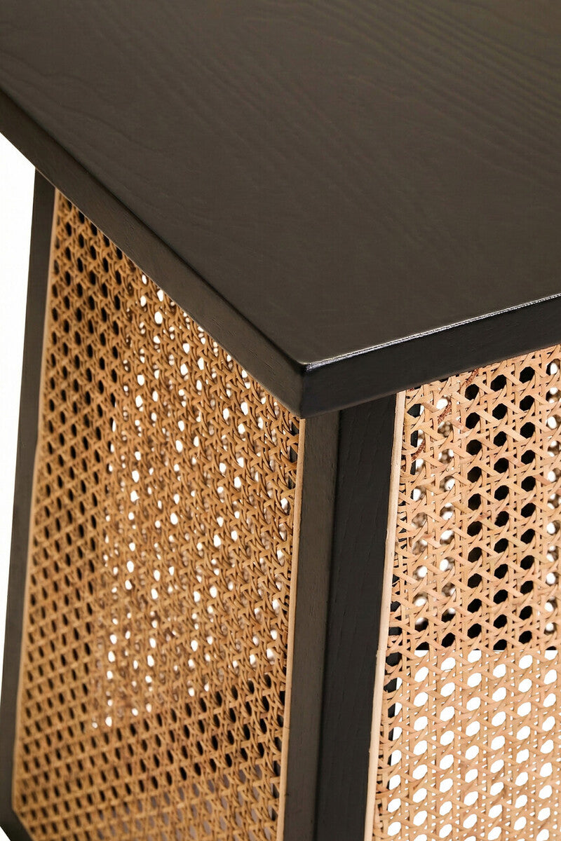 Black Elm Wood Side Table with Woven Natural Cane Panels | Cebu