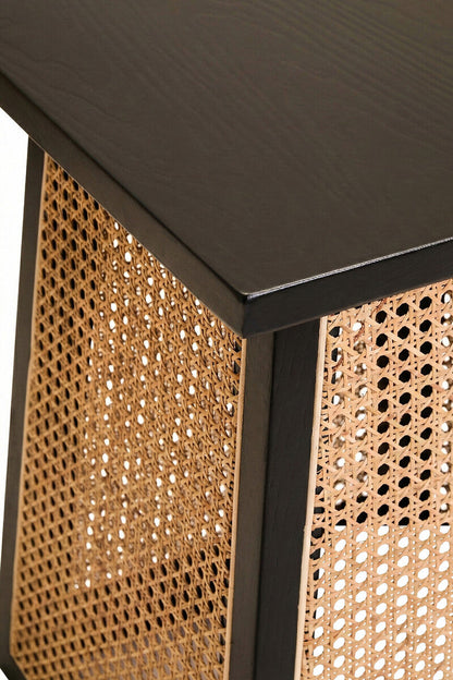 Black Elm Wood Side Table with Woven Natural Cane Panels | Cebu