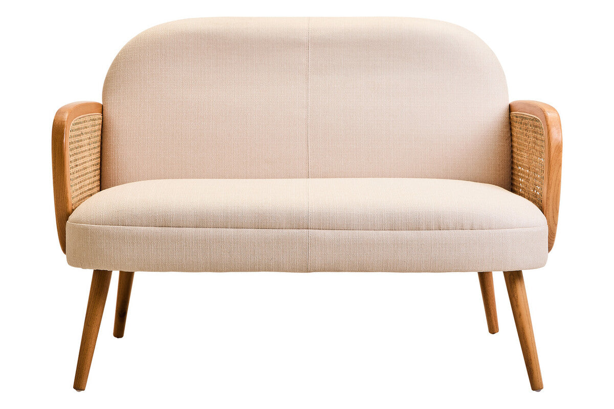 2 Seater Ivory Fabric and Cane Sofa with Elm Wood Legs | Cebu