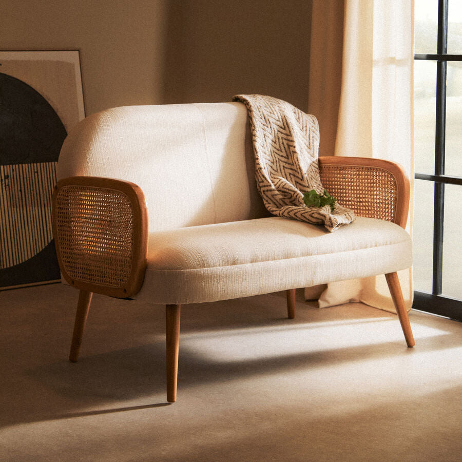 2 Seater Ivory Fabric and Cane Sofa with Elm Wood Legs | Cebu