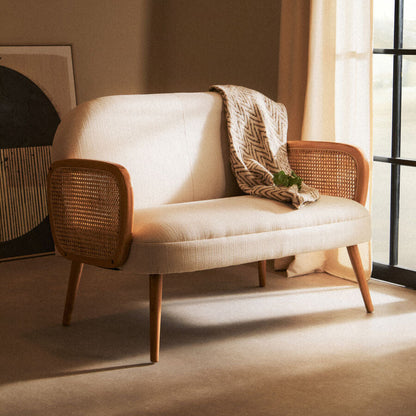 2 Seater Ivory Fabric and Cane Sofa with Elm Wood Legs | Cebu
