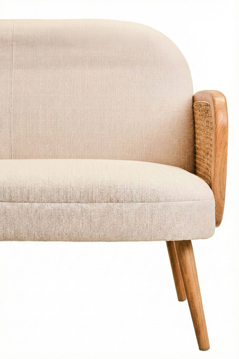 2 Seater Ivory Fabric and Cane Sofa with Elm Wood Legs | Cebu