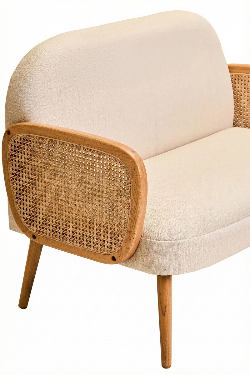 2 Seater Ivory Fabric and Cane Sofa with Elm Wood Legs | Cebu