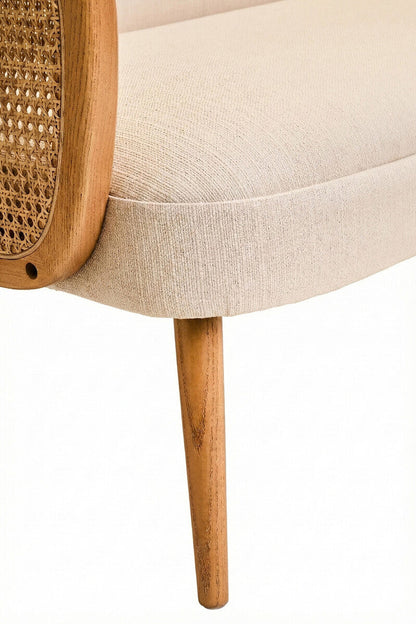 2 Seater Ivory Fabric and Cane Sofa with Elm Wood Legs | Cebu