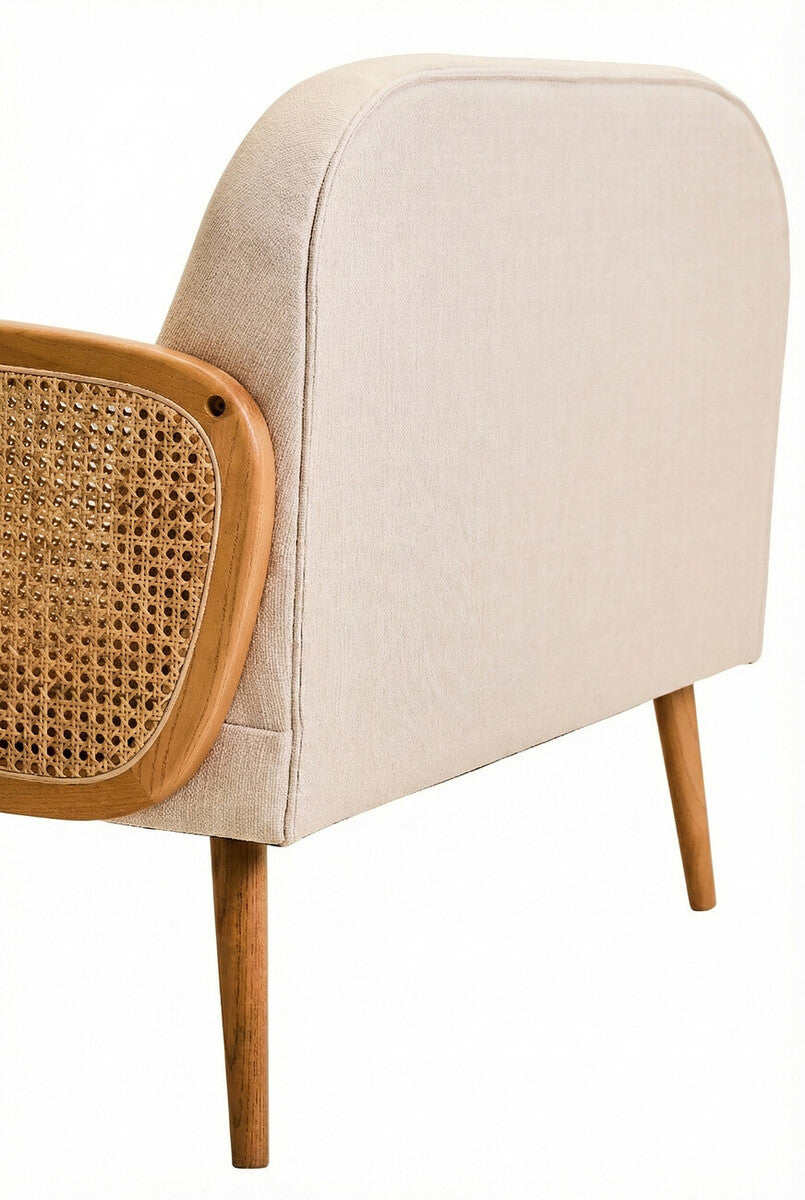 2 Seater Ivory Fabric and Cane Sofa with Elm Wood Legs | Cebu