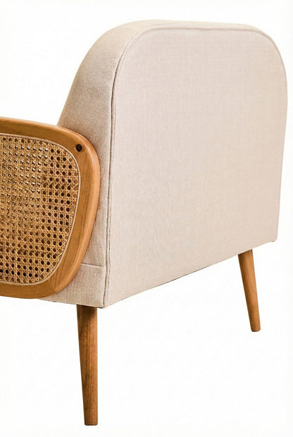 2 Seater Ivory Fabric and Cane Sofa with Elm Wood Legs | Cebu