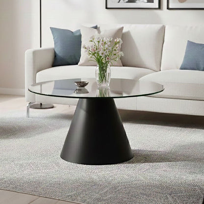 Clear Glass Round Top Coffee Table with Black Conical Metal Base | Azalea
