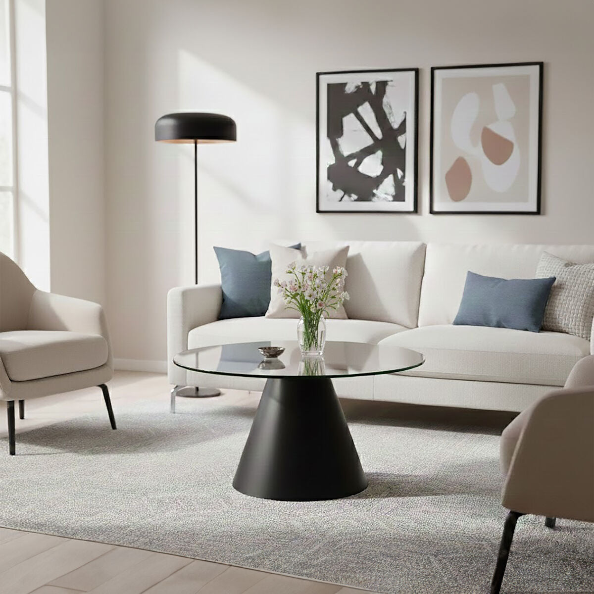 Clear Glass Round Top Coffee Table with Black Conical Metal Base | Azalea