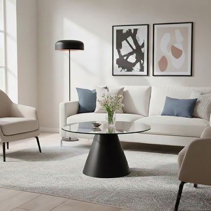 Clear Glass Round Top Coffee Table with Black Conical Metal Base | Azalea