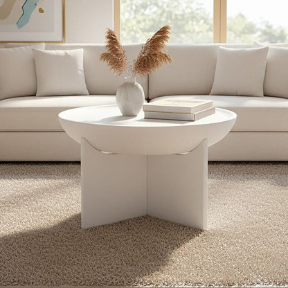 Whitewash Mango Wood Round Coffee Table with Cut-Out Pedestal Base | Walsa