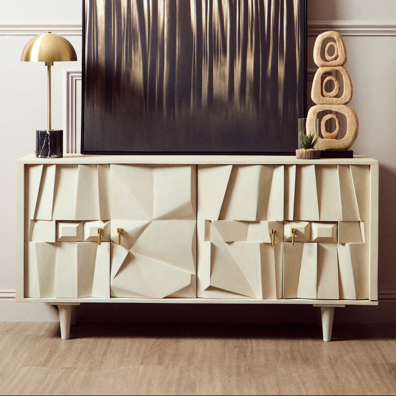 Four Door Whitewash Mango Wood Abstract Sideboard | Sita