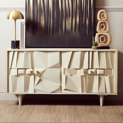 Four Door Whitewash Mango Wood Abstract Sideboard | Sita