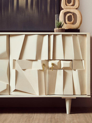 Four Door Whitewash Mango Wood Abstract Sideboard | Sita