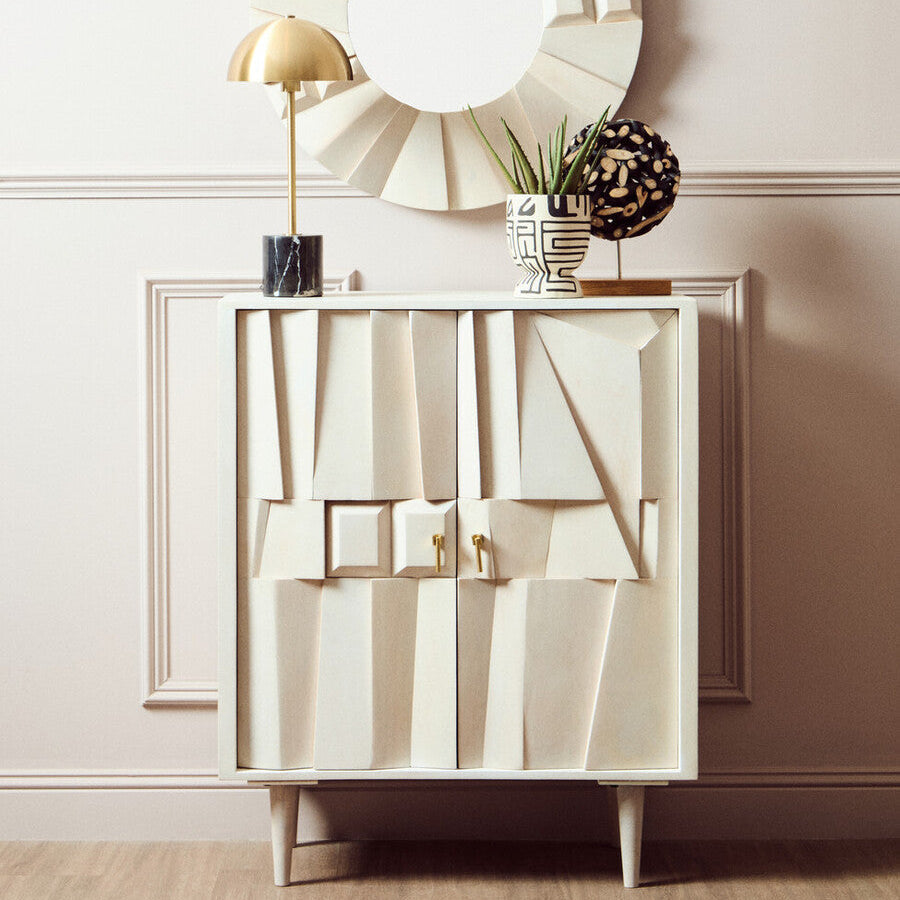 Two Door Whitewash Mango Wood Abstract Cabinet | Sita