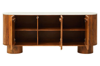 Mango Wood Carved Design Marble Top Three Door Sideboard | Torcino