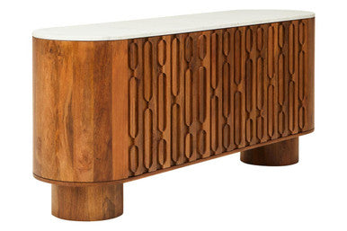 Mango Wood Carved Design Marble Top Three Door Sideboard | Torcino