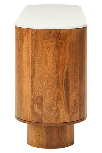 Mango Wood Carved Design Marble Top Three Door Sideboard | Torcino