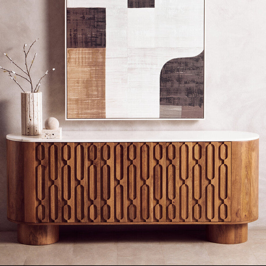 Mango Wood Carved Design Marble Top Three Door Sideboard | Torcino