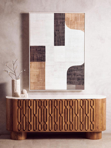 Mango Wood Carved Design Marble Top Three Door Sideboard | Torcino