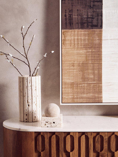 Mango Wood Carved Design Marble Top Three Door Sideboard | Torcino