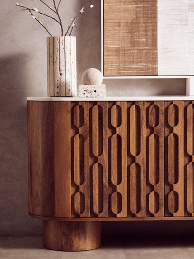 Mango Wood Carved Design Marble Top Three Door Sideboard | Torcino