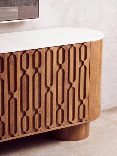 Mango Wood Carved Design Marble Top Three Door Sideboard | Torcino