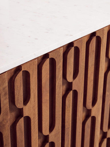 Mango Wood Carved Design Marble Top Three Door Sideboard | Torcino