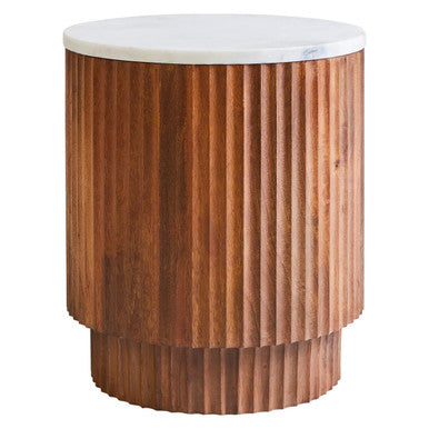 Brown Mango Wood Carved Side Table with White Marble Top | Torcino