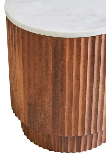 Brown Mango Wood Carved Side Table with White Marble Top | Torcino