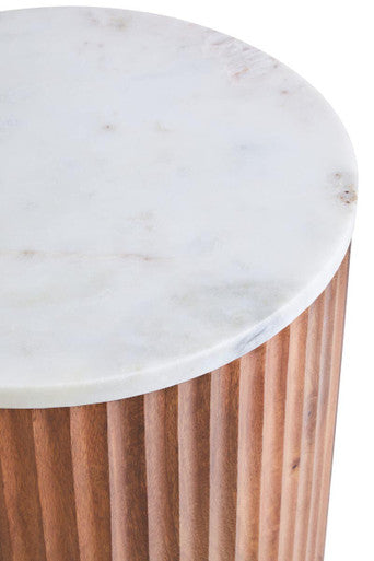 Brown Mango Wood Carved Side Table with White Marble Top | Torcino