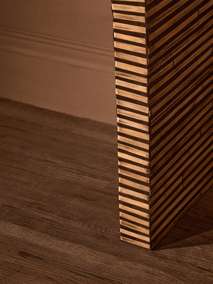 Natural Bamboo Inlay Curved Console Table with Sculptural Striped Design | Bambusa