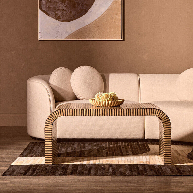 Natural Finish Curved Coffee Table with Striped Bamboo Inlay | Bambusa