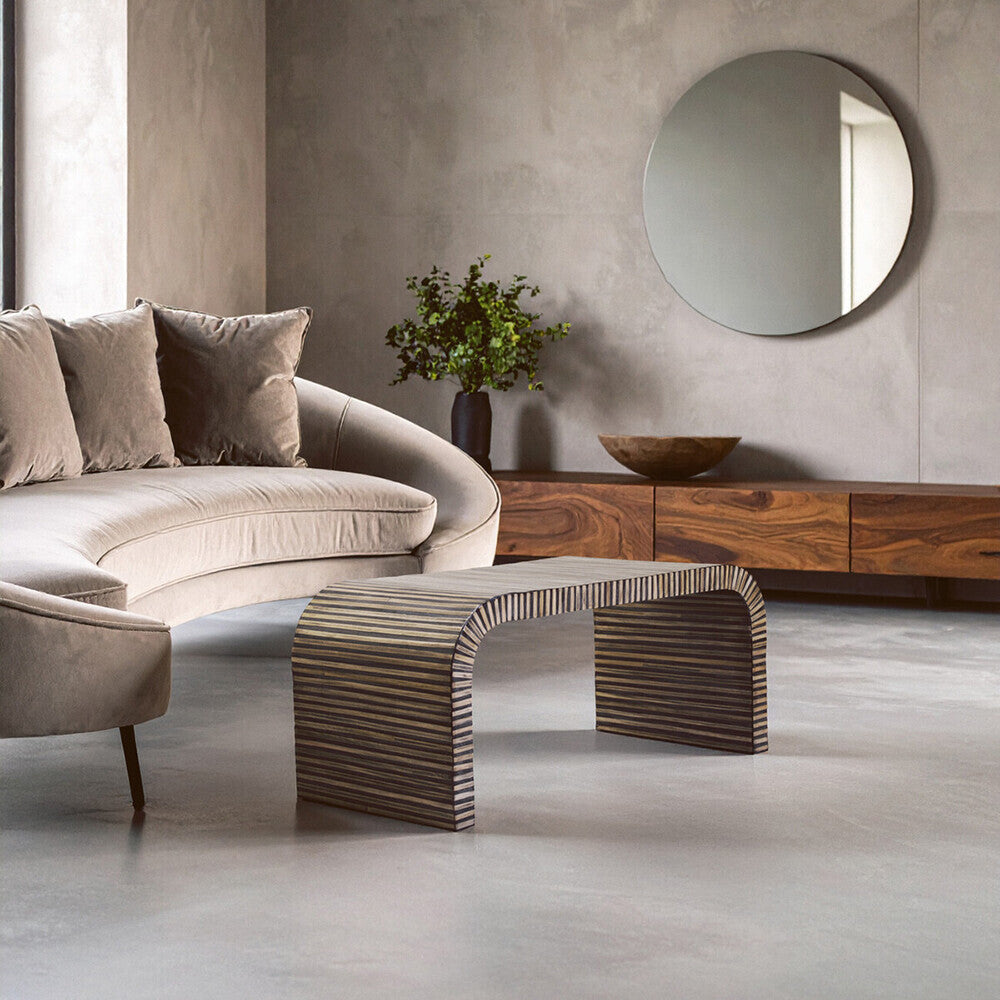 Natural Finish Curved Coffee Table with Striped Bamboo Inlay | Bambusa
