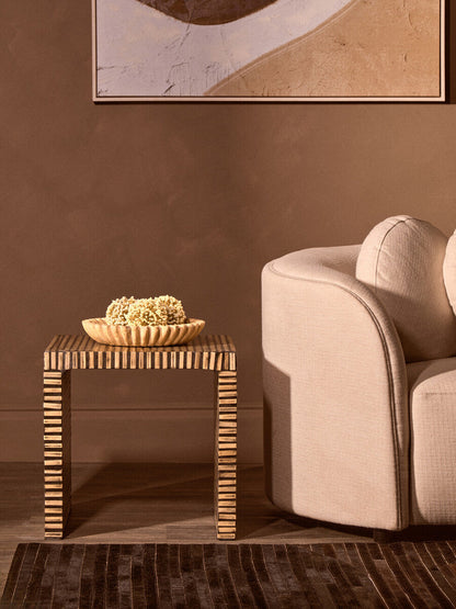 Natural Bamboo Inlay Square Side Table with Linear Pattern and Open Base | Bambusa