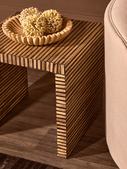 Natural Bamboo Inlay Square Side Table with Linear Pattern and Open Base | Bambusa