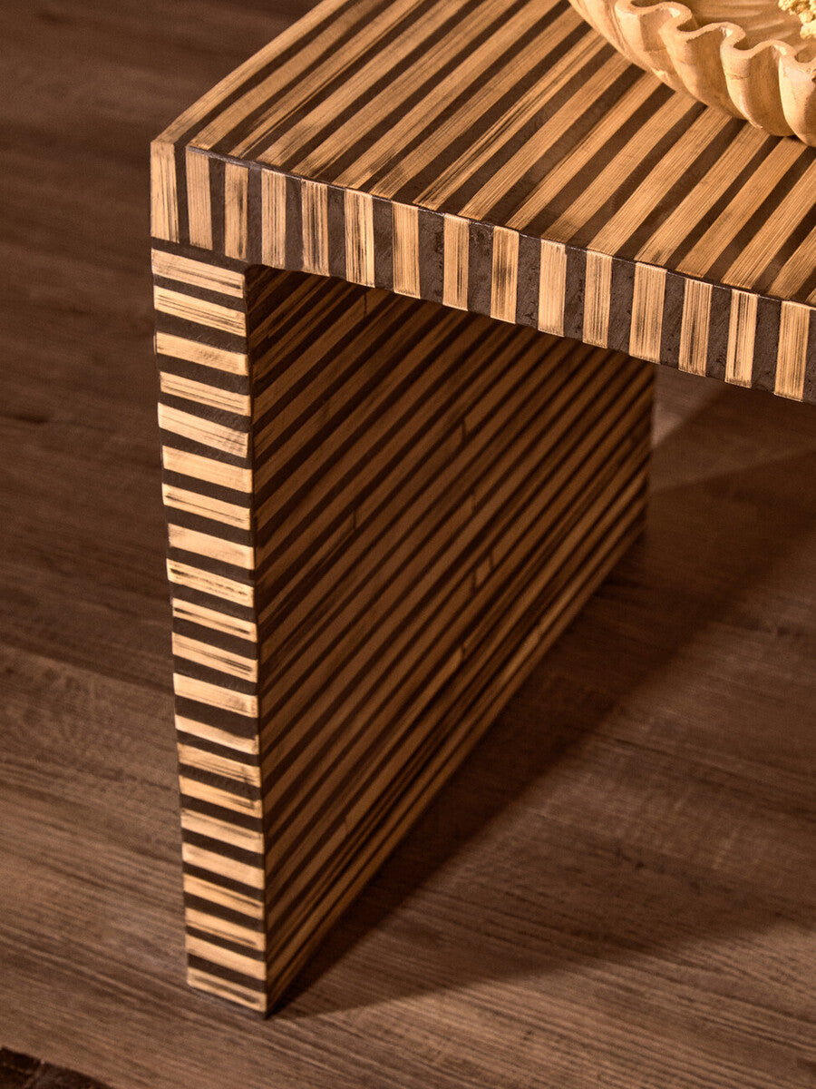 Natural Bamboo Inlay Square Side Table with Linear Pattern and Open Base | Bambusa