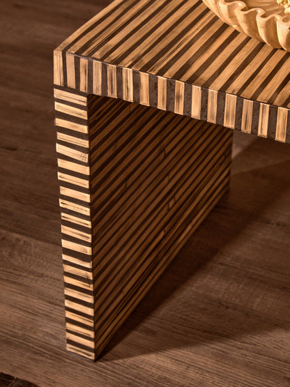 Natural Bamboo Inlay Square Side Table with Linear Pattern and Open Base | Bambusa