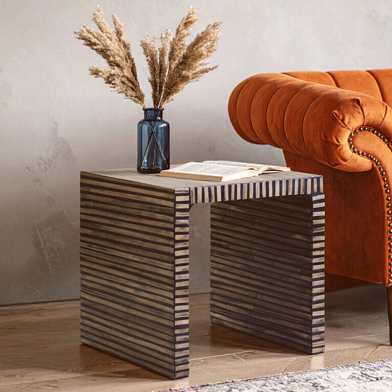 Natural Bamboo Inlay Square Side Table with Linear Pattern and Open Base | Bambusa