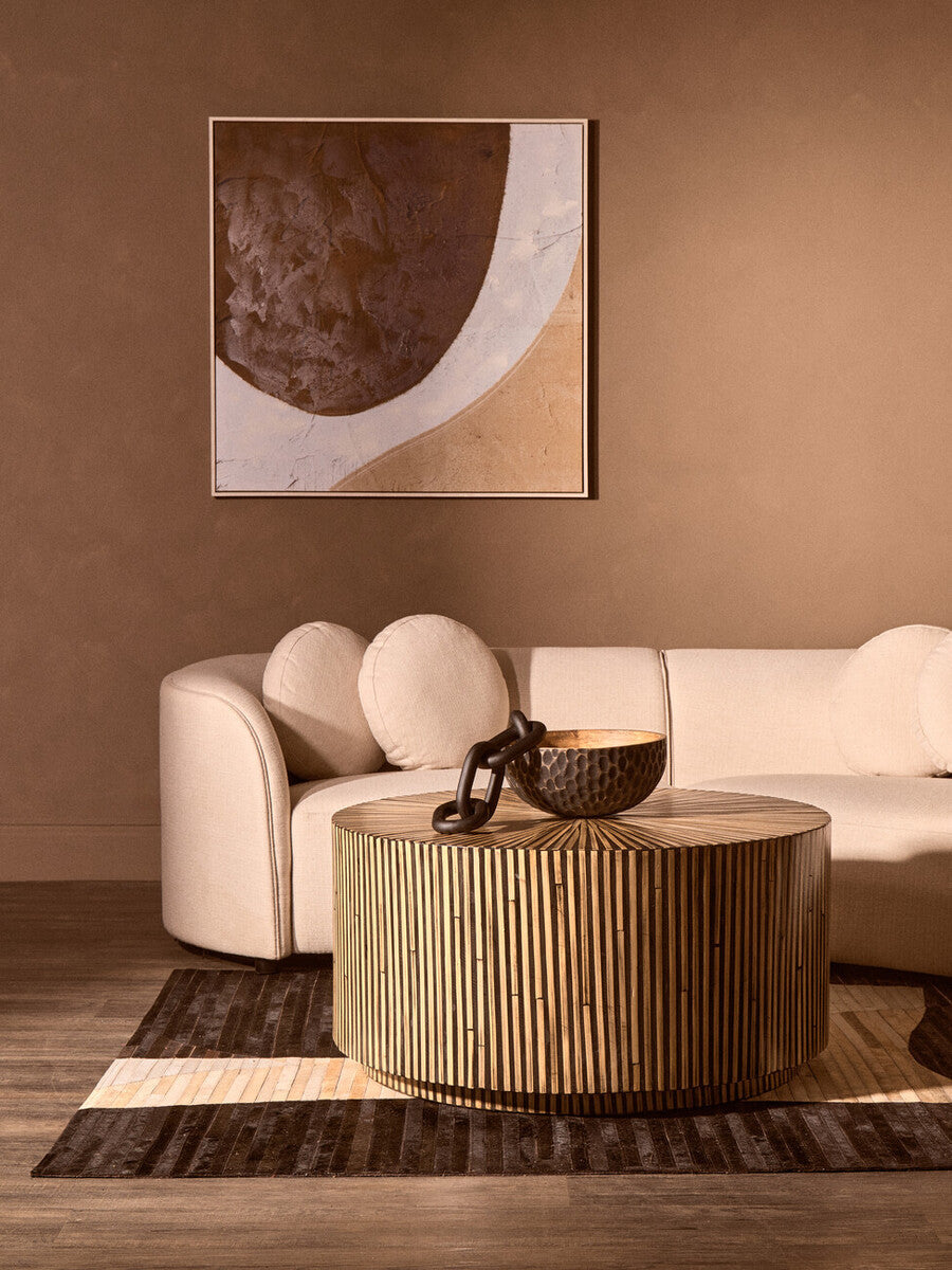 Natural Round Bamboo Inlay Coffee Table with Textured Sunburst Top | Bambusa
