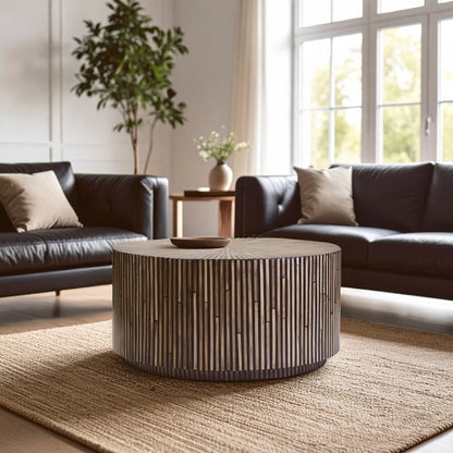 Natural Round Bamboo Inlay Coffee Table with Textured Sunburst Top | Bambusa