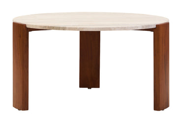 Natural Large Round Travertine Top Coffee Table with Brown Acacia Wood Legs | Palermo