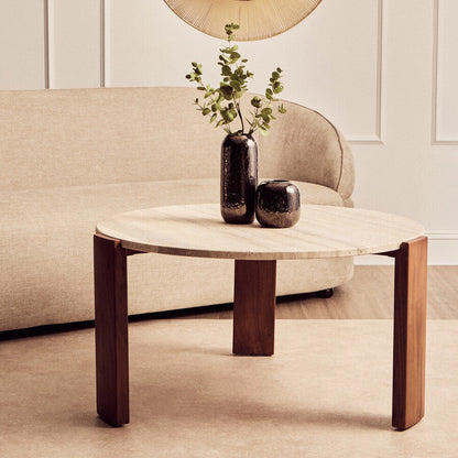 Natural Large Round Travertine Top Coffee Table with Brown Acacia Wood Legs | Palermo